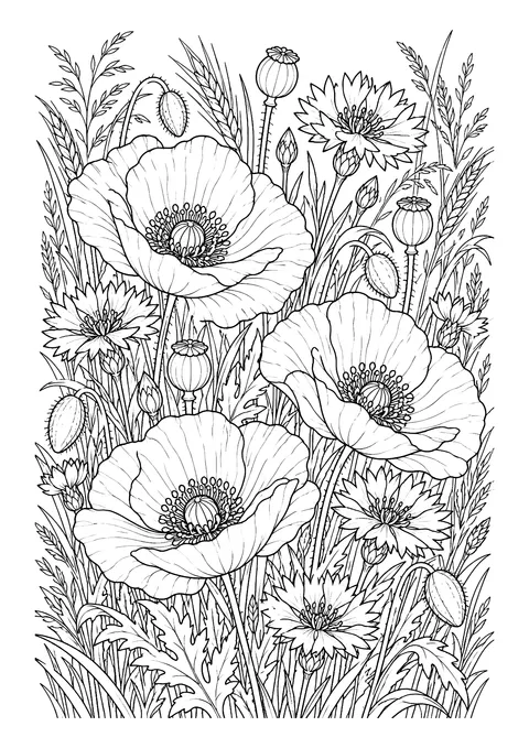 Ausmalbild: Blumenwiese mit großen Mohnblüten, Kornblumen, Mohnkapseln, Knospen, Gräsern und Ähren