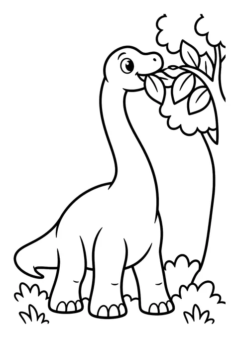 Ausmalbild: Lächelnder Langhals-Dinosaurier frisst Blätter von einem Baum, dazu Grasbüschel am Boden