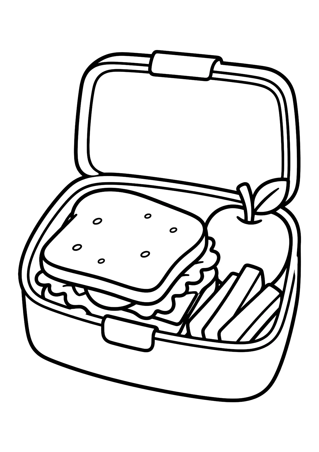 Ausmalbild: Geöffnete Brotdose mit Sandwich, Apfel und Gemüsesticks