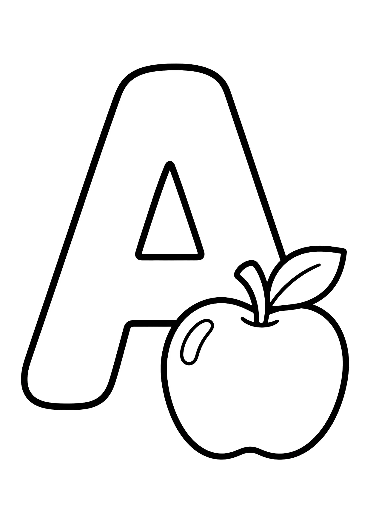 Ausmalbild: großer Buchstabe A in Blockschrift mit einem Apfel mit Stiel und Blatt daneben