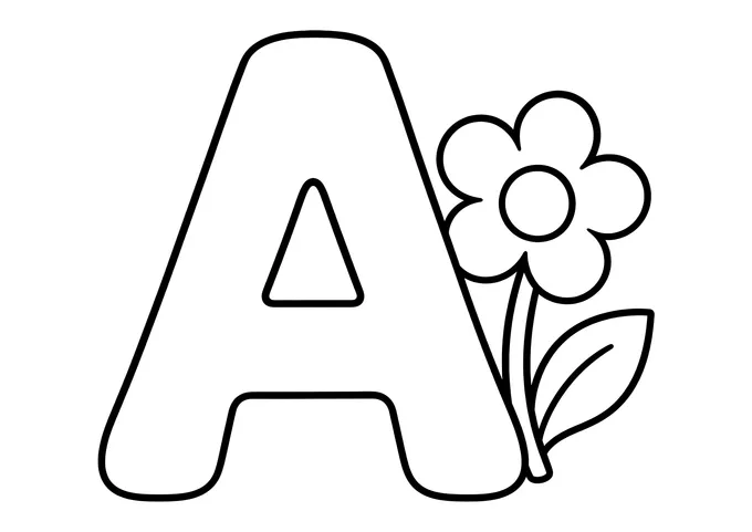 Ausmalbild: großer Buchstabe A neben einer Blume mit fünf Blütenblättern, Stiel und zwei Blättern