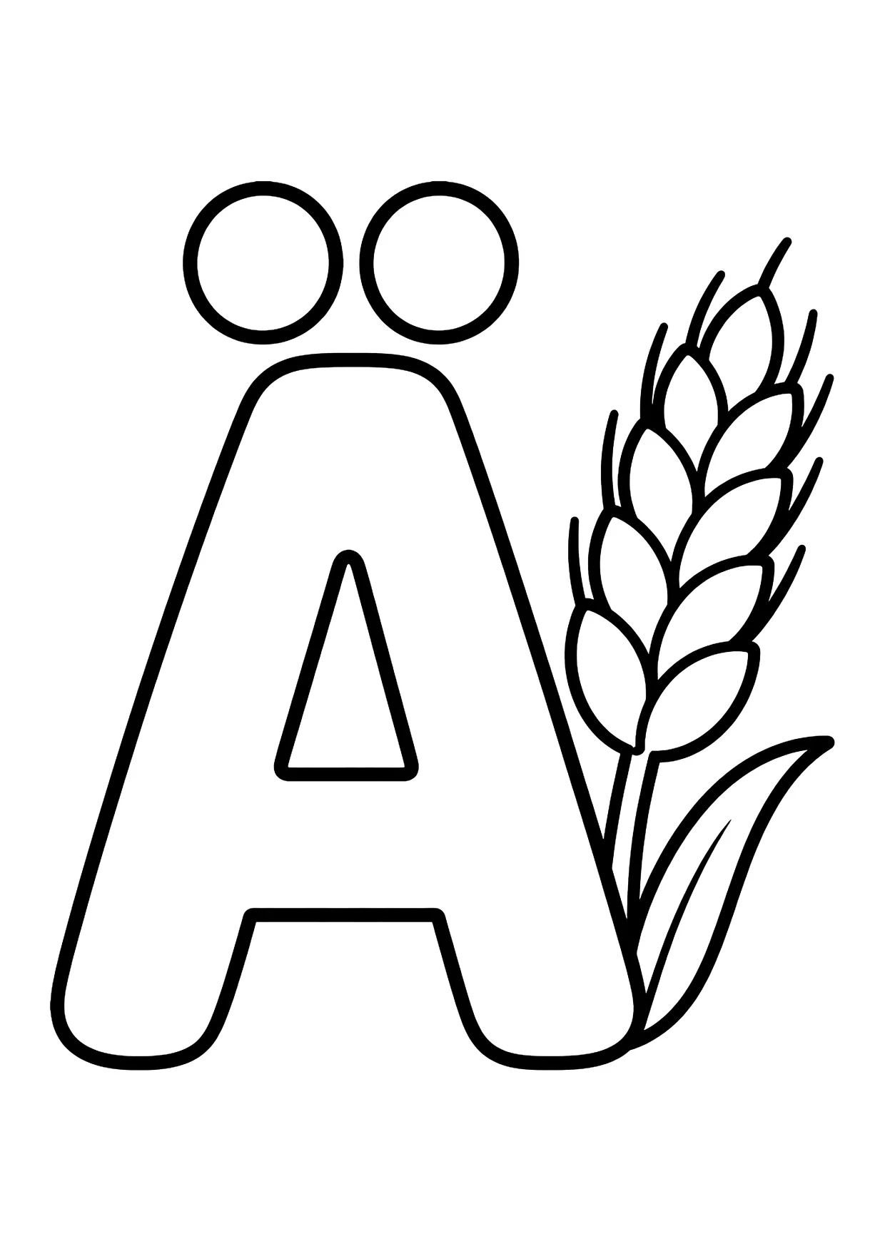 Ausmalbild: großer Umriss-Buchstabe Ä neben einer Getreideähre mit Blatt