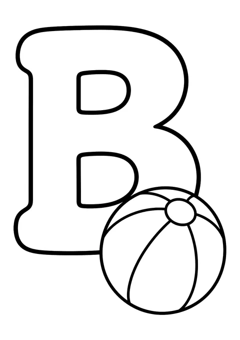Ausmalbild: großer Buchstabe B als Umriss mit einem gestreiften Ball daneben