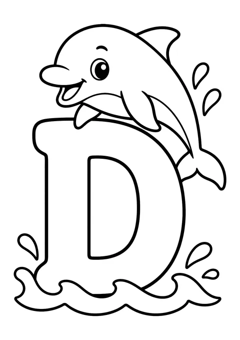 Ausmalbild: Großbuchstabe D in Wellen, darüber ein lächelnder springender Delfin mit Wassertropfen