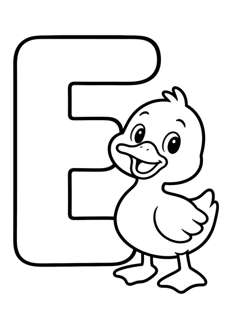 Ausmalbild: großer Buchstabe E neben einer lächelnden Ente mit Flügel und Schwimmfüßen