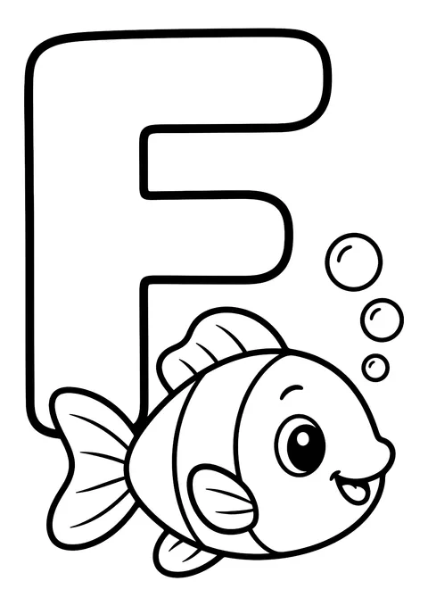 Ausmalbild: Großer Buchstabe F mit lachendem Fisch und drei aufsteigenden Luftblasen