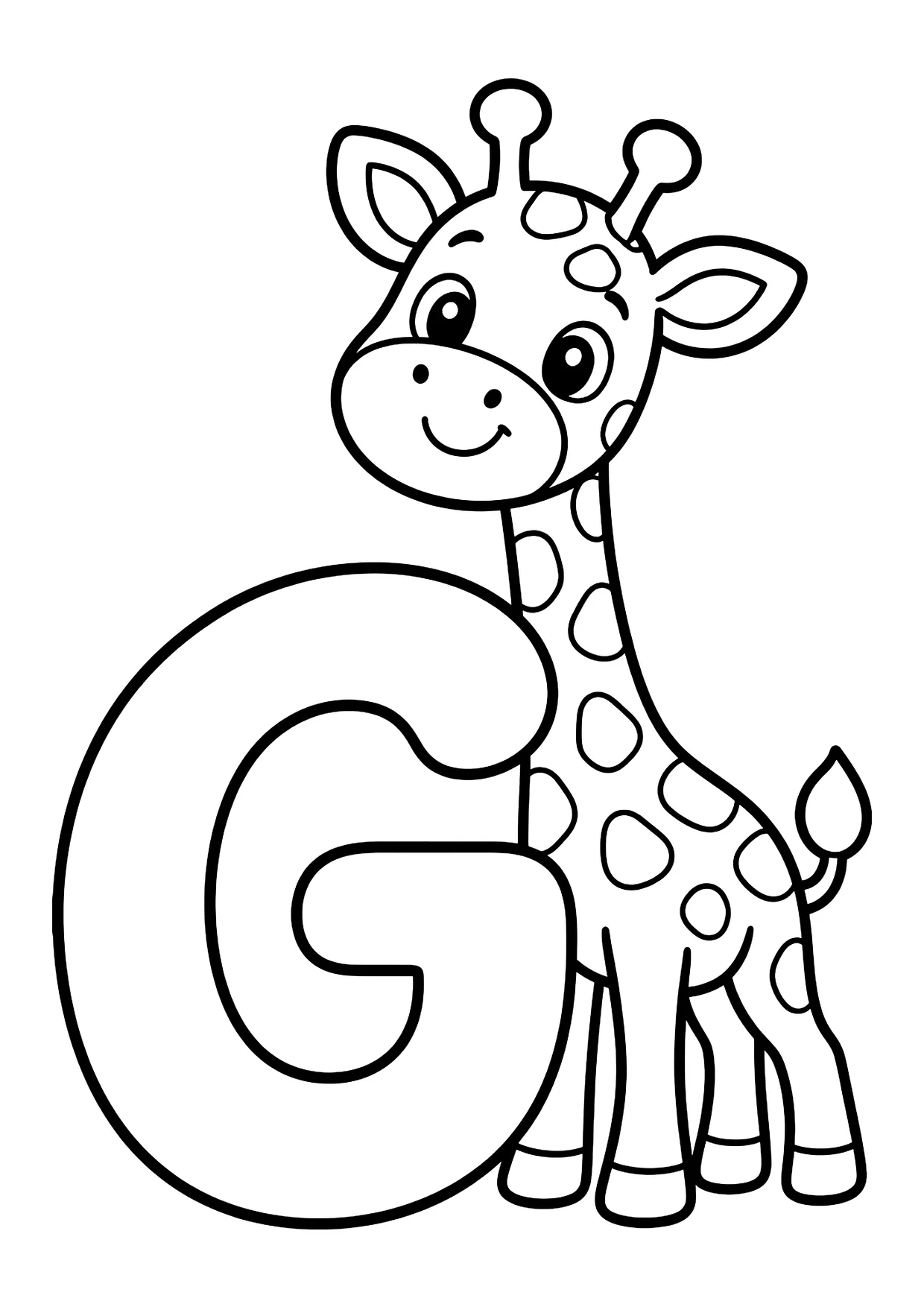 Ausmalbild: Großbuchstabe G neben einer lächelnden Giraffe mit Flecken und kleinen Hörnern