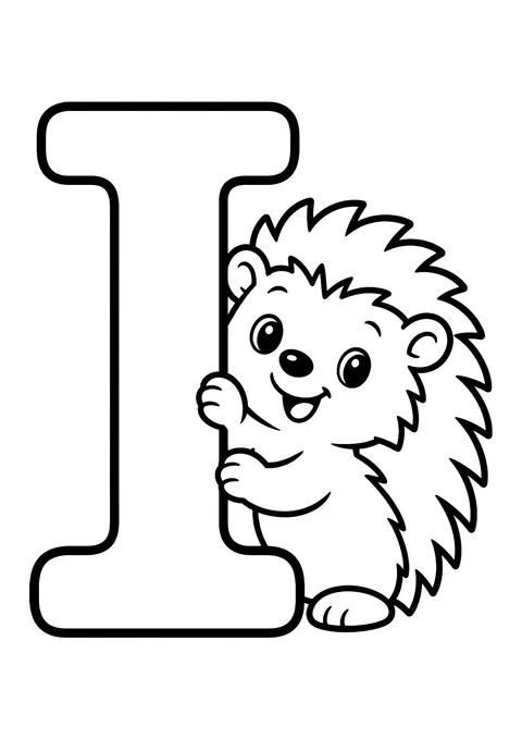 Ausmalbild: Großer Buchstabe I, dahinter ein lächelnder Igel mit Stacheln, der sich am Buchstaben festhält
