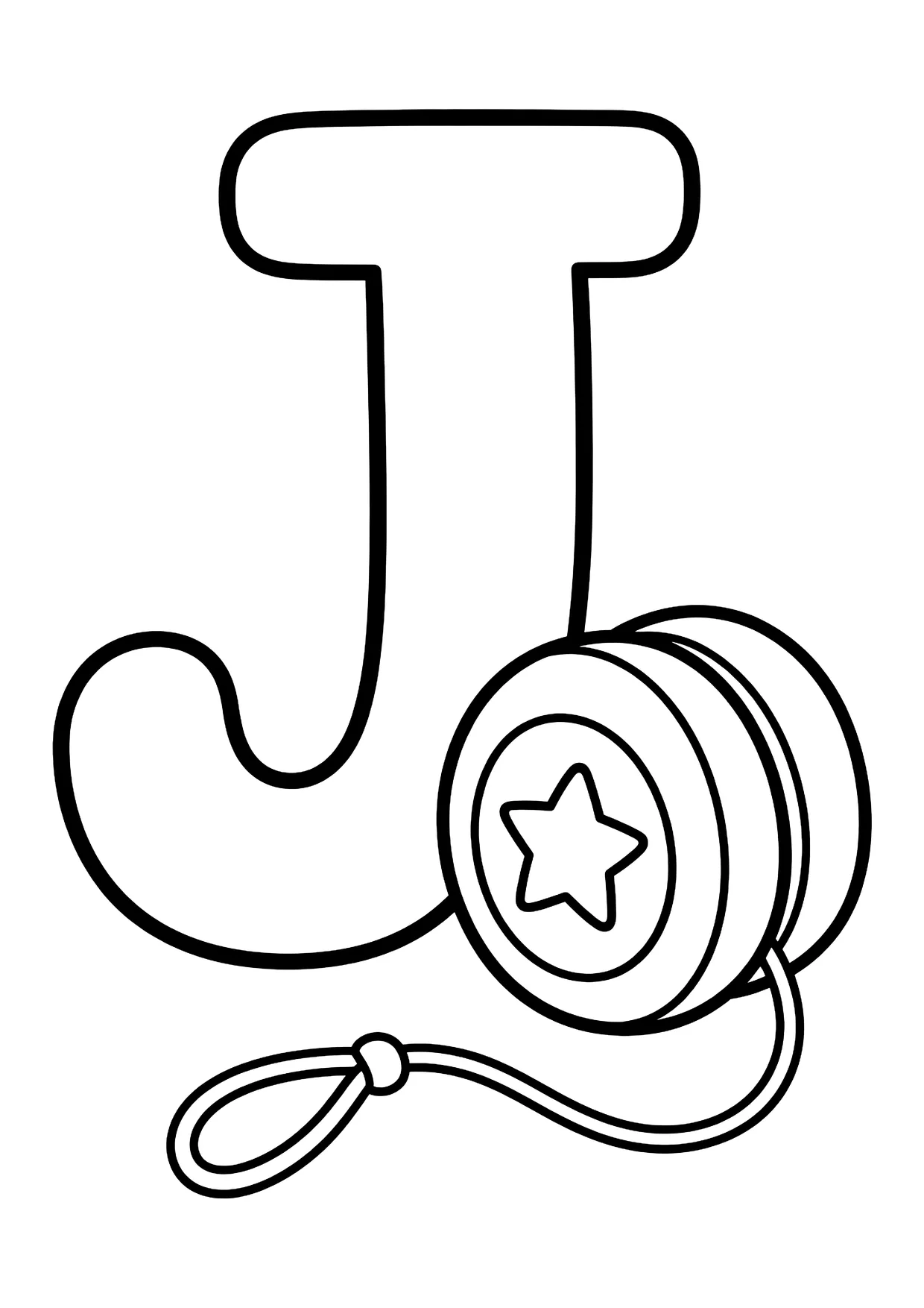Ausmalbild: großer Buchstabe J mit einem Jojo mit Stern und langer Schnur mit Schlaufe