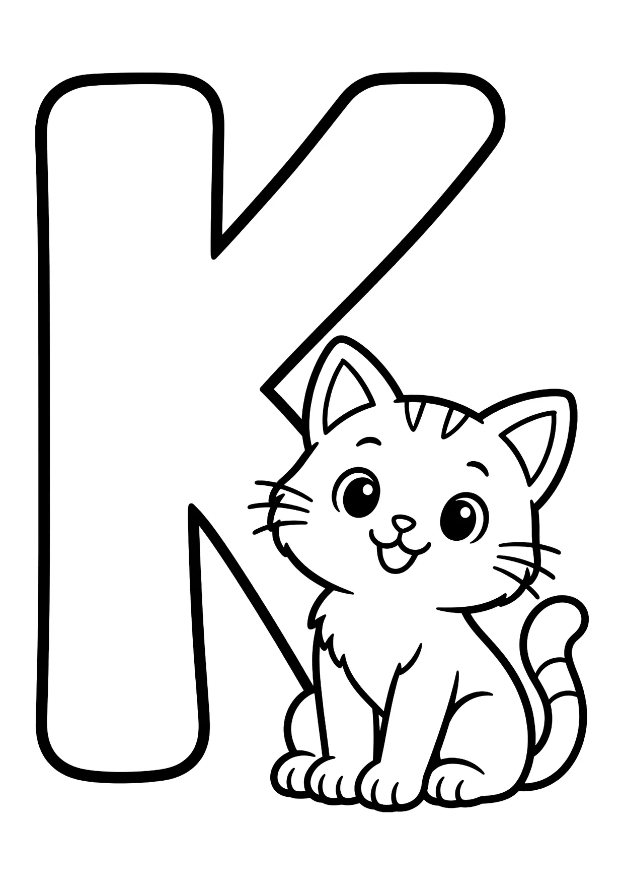 Ausmalbild: großer Buchstabe K und daneben eine sitzende Katze mit Streifen und langem Schwanz