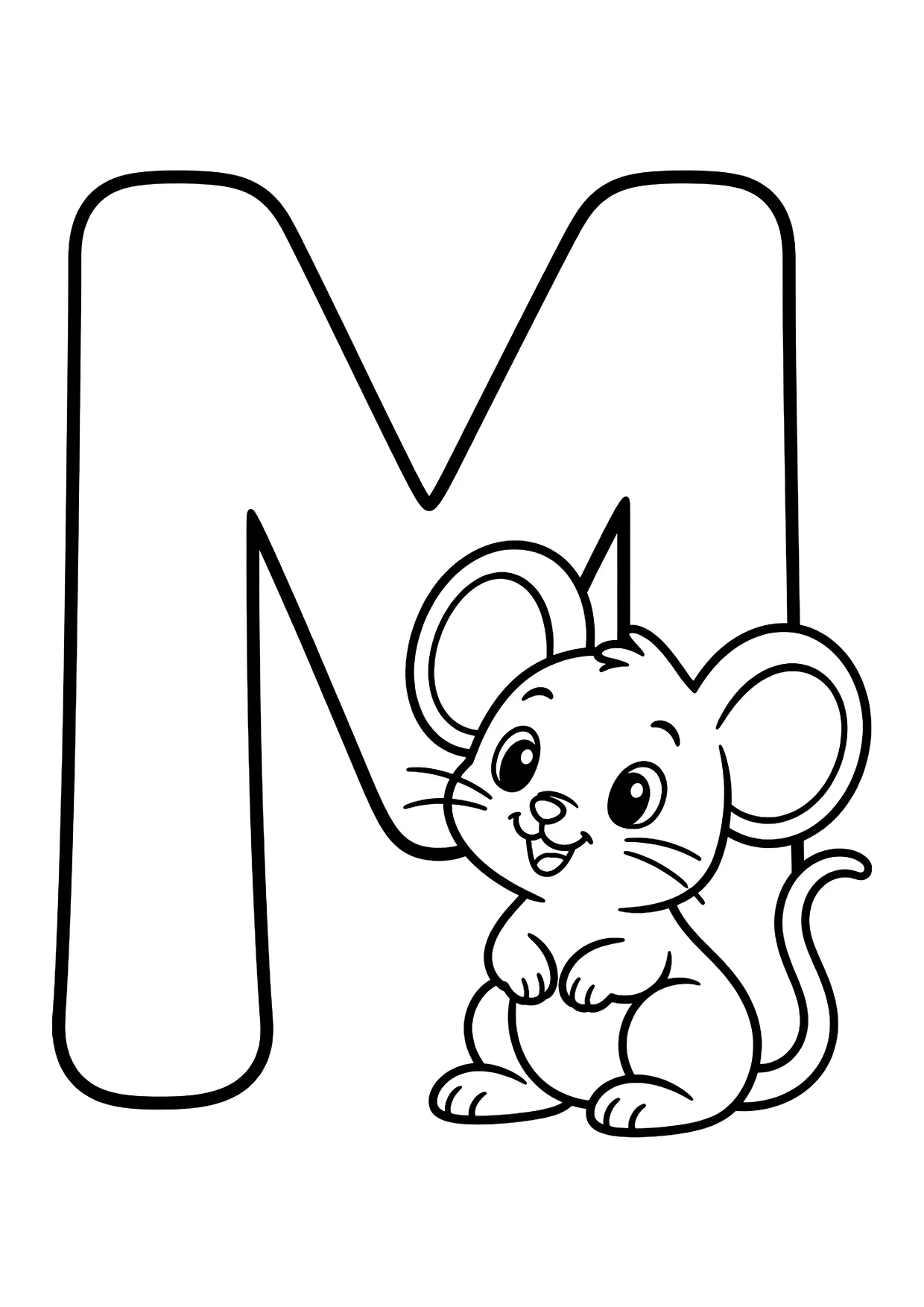 Ausmalbild: großer Buchstabe M mit einer sitzenden Maus mit großen Ohren und langem Schwanz