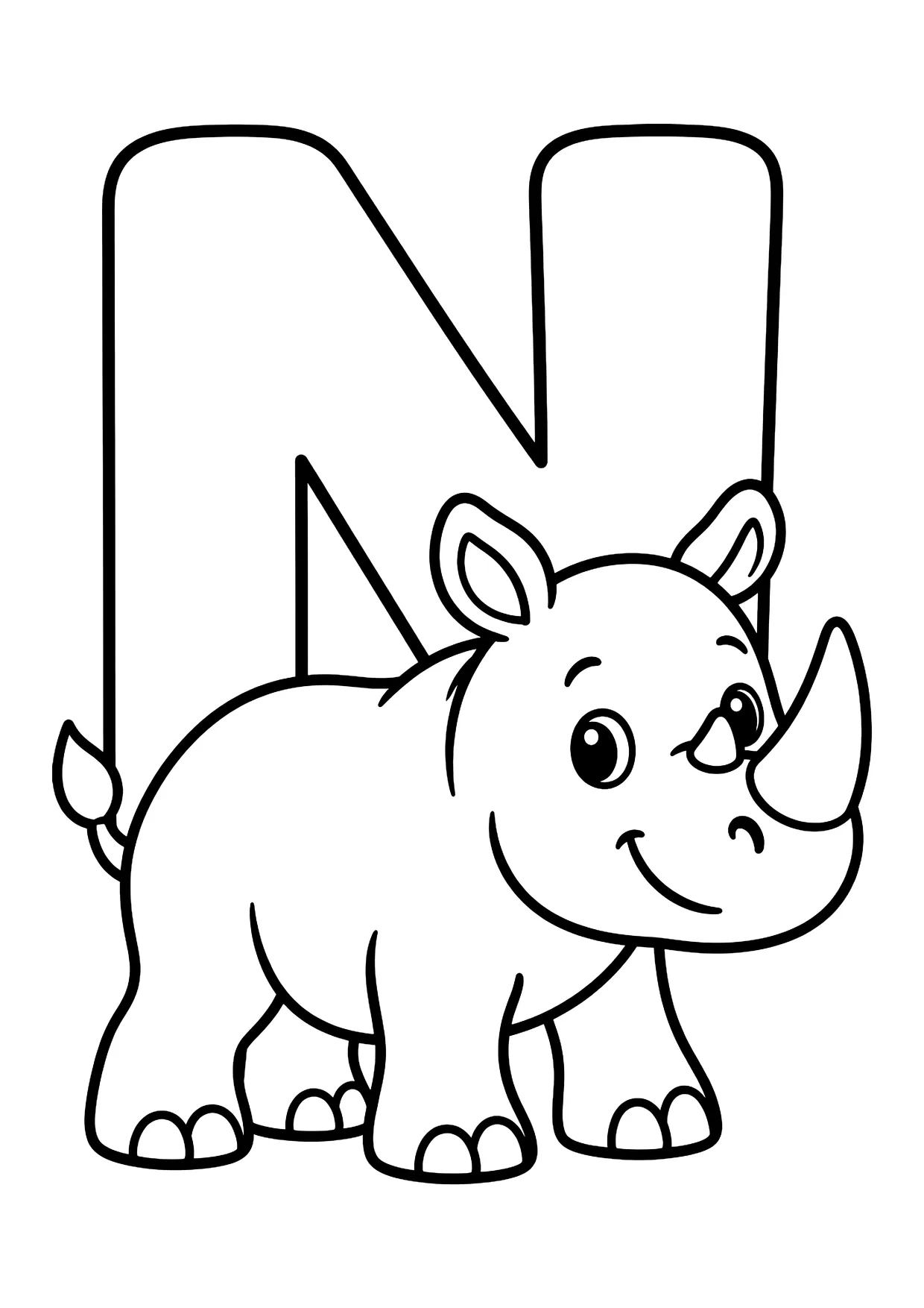 Ausmalbild: großer Buchstabe N mit einem lächelnden Nashorn davor, einfache dicke Linien