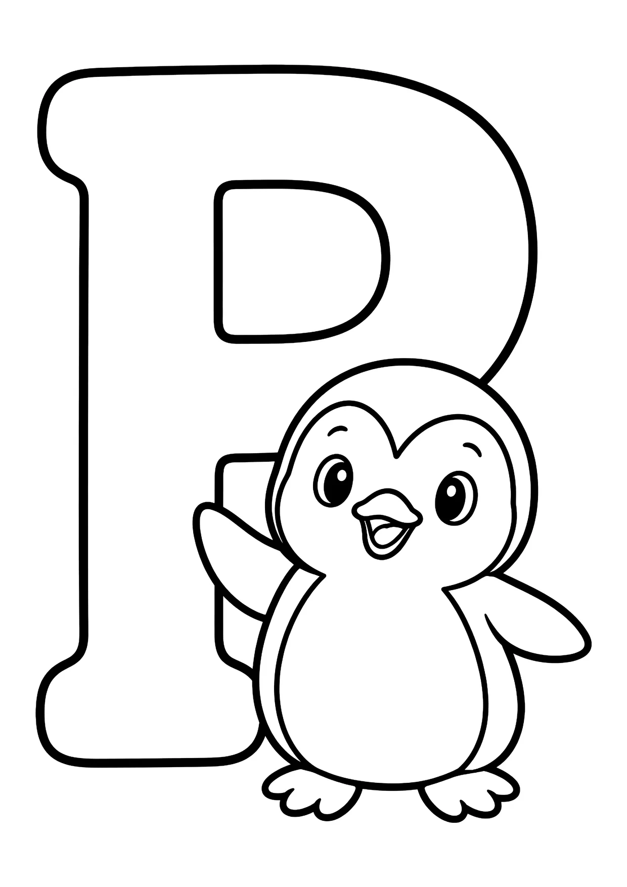 Ausmalbild: großer Buchstabe P mit einem fröhlichen Pinguin davor, der die Flügel ausbreitet