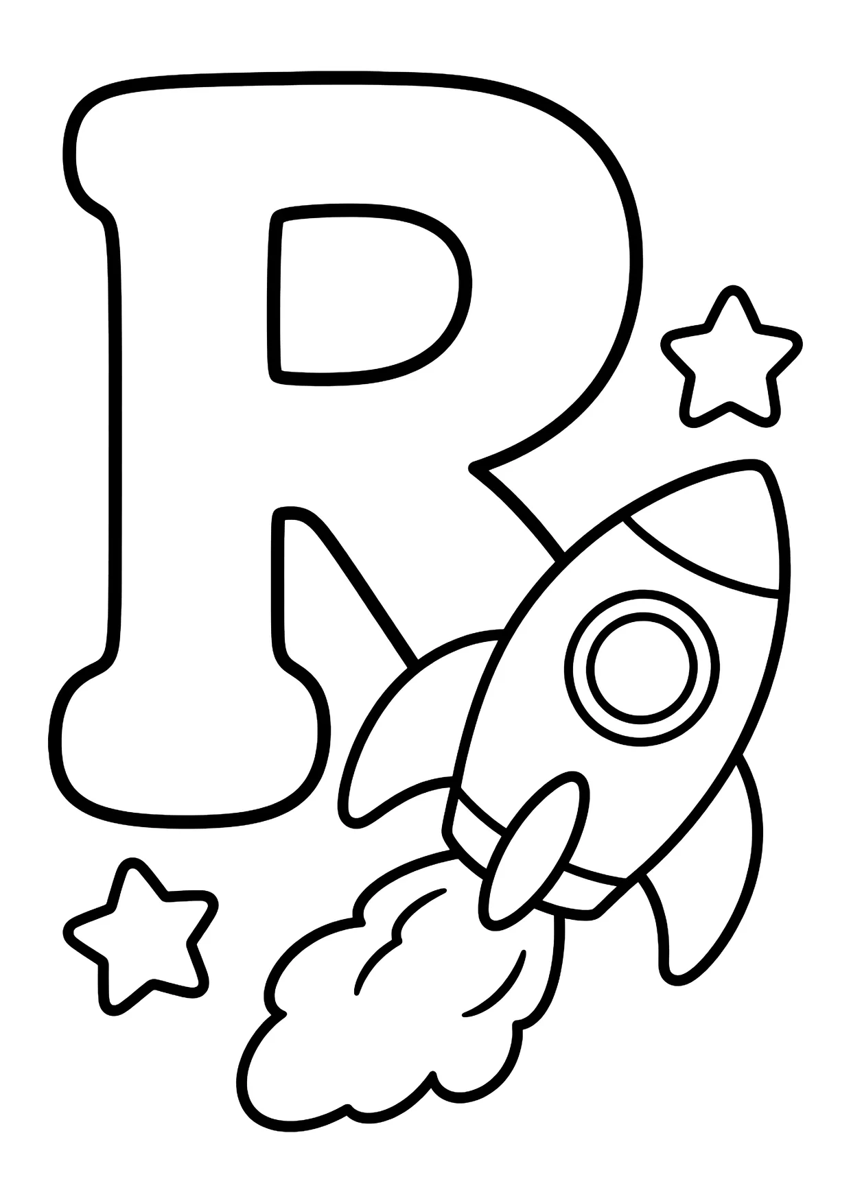 Ausmalbild: großer Buchstabe R mit startender Rakete, Rauchwolke und zwei Sternen