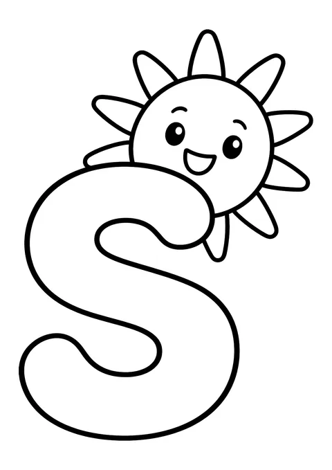 Ausmalbild: großer Buchstabe S mit lachender Sonne mit Strahlen dahinter