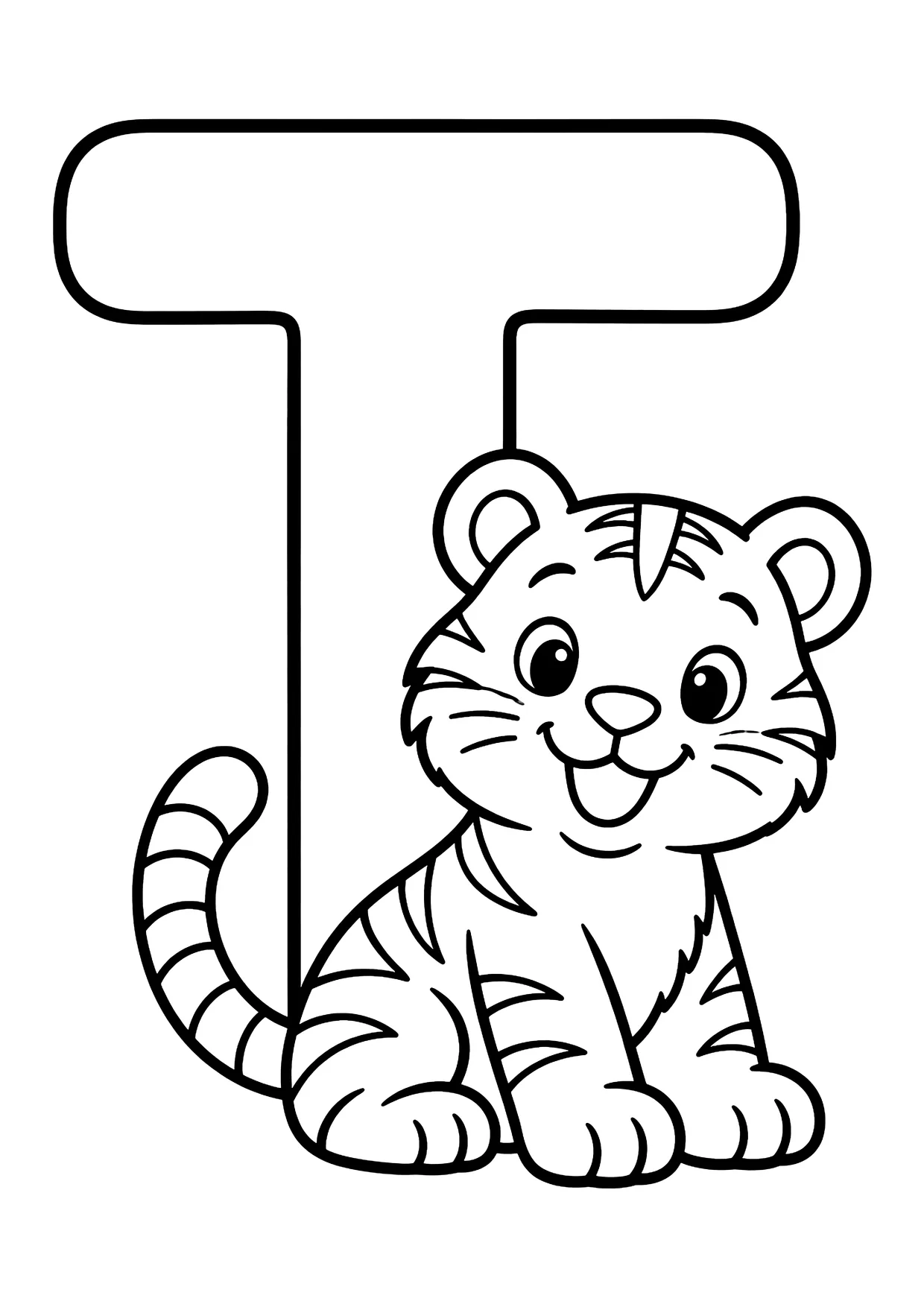 Ausmalbild: Großer Buchstabe T mit sitzendem lächelnden Tigerbaby und langem gestreiftem Schwanz.