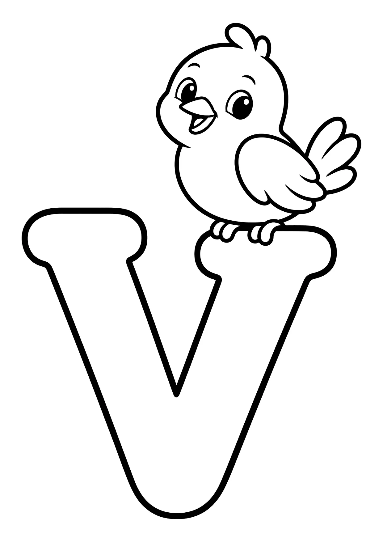 Ausmalbild: großer Buchstabe V mit einem lächelnden kleinen Vogel, der auf dem rechten Buchstabenarm sitzt