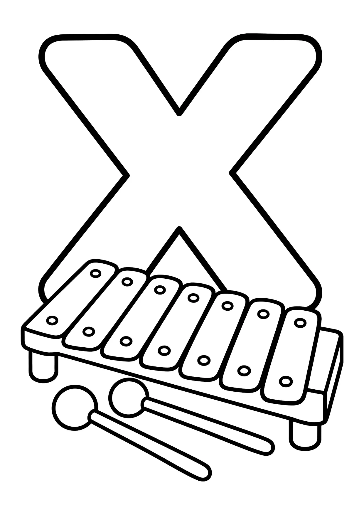 Ausmalbild: großer Buchstabe X mit einem Xylofon und zwei Schlägeln davor