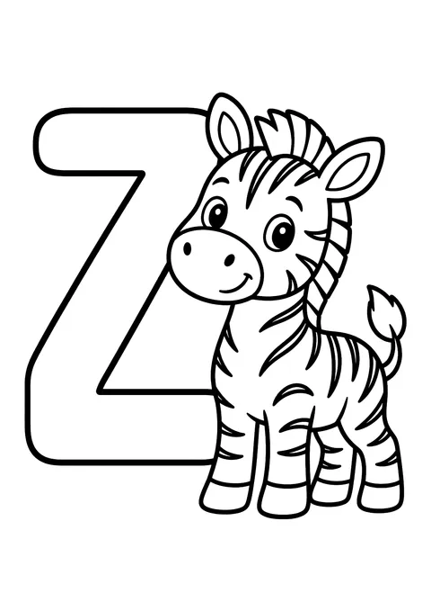 Ausmalbild: großer Buchstabe Z neben einem lächelnden Zebra mit Streifen und Stehmähne