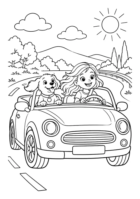 Ausmalbild: Mädchen fährt Cabrio, Hund auf dem Beifahrersitz, Sonne, Wolken, Hügel und Bäume im Hintergrund