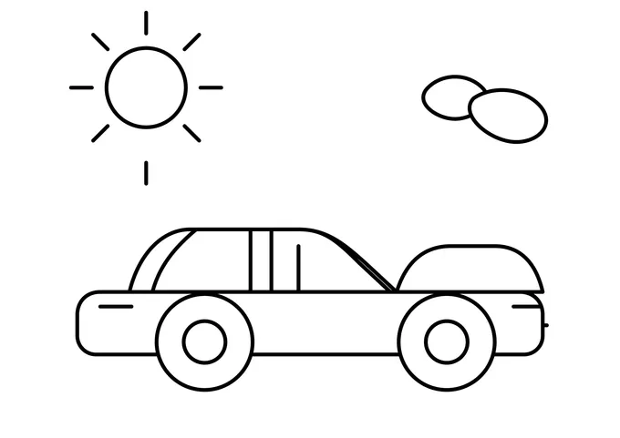 Ausmalbild: Cabrio-Sportwagen mit offenem Verdeck, zwei großen Rädern, Sonne und Wolke