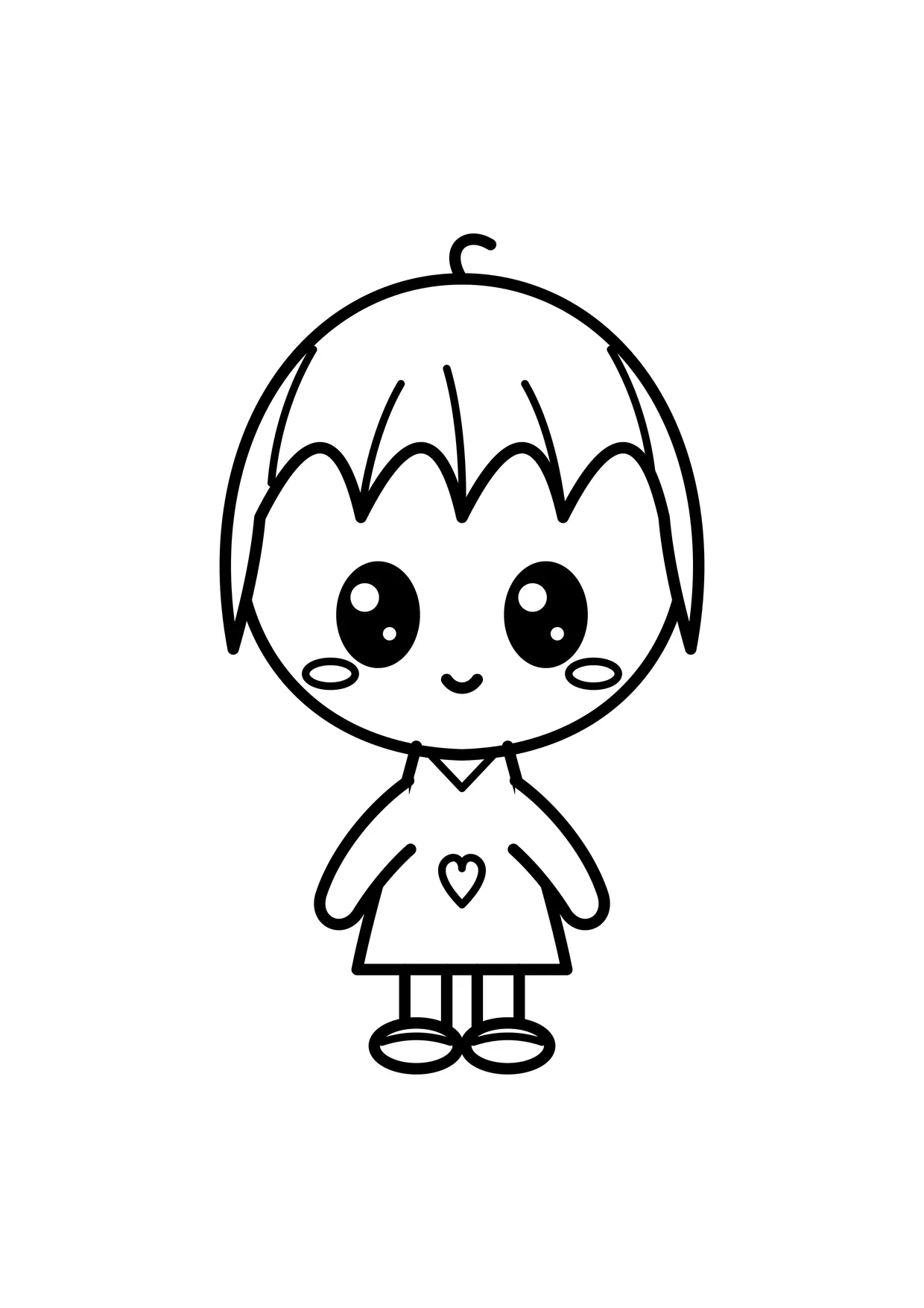 Ausmalbild: Chibi-Figur mit großem Kopf und Herz auf dem Shirt