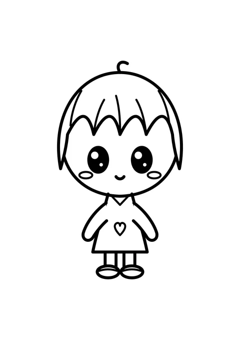 Ausmalbild: Chibi-Figur mit großem Kopf und Herz auf dem Shirt