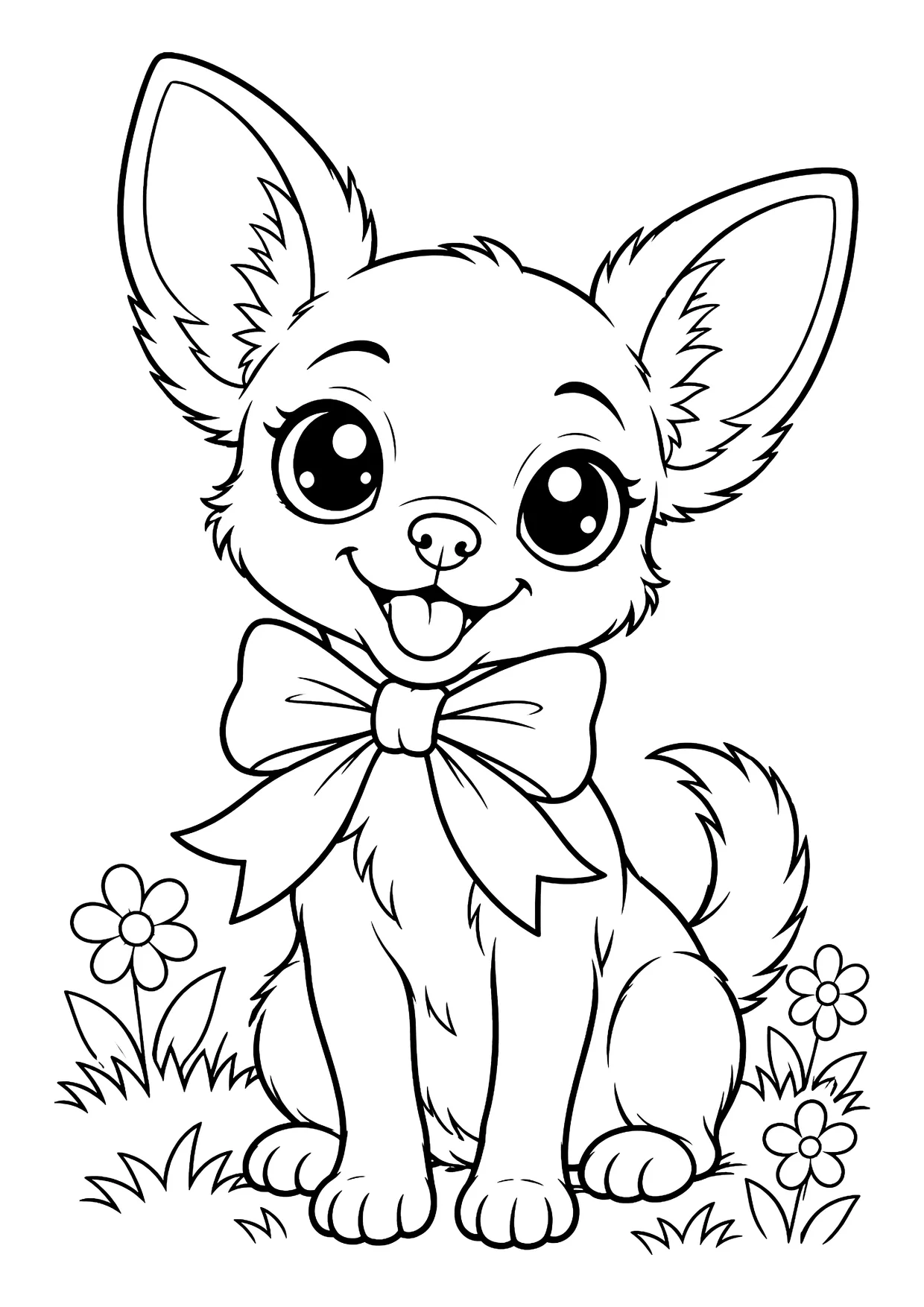 Ausmalbild: sitzender Chihuahua mit großer Schleife am Hals, buschigem Schwanz, Gras und Blumen