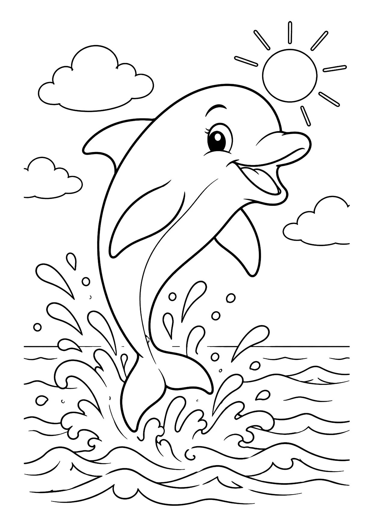 Ausmalbild: Delfin springt aus den Wellen, mit Wasserspritzern, Sonne und Wolken am Himmel