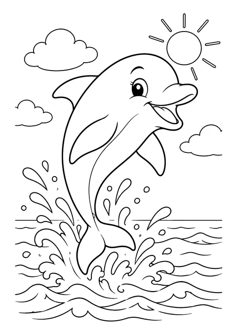 Ausmalbild: Delfin springt aus den Wellen, mit Wasserspritzern, Sonne und Wolken am Himmel