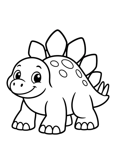 Ausmalbild: Kleiner lächelnder Stegosaurus mit Rückenplatten, Stachelschwanz und ovalen Flecken auf dem Rücken