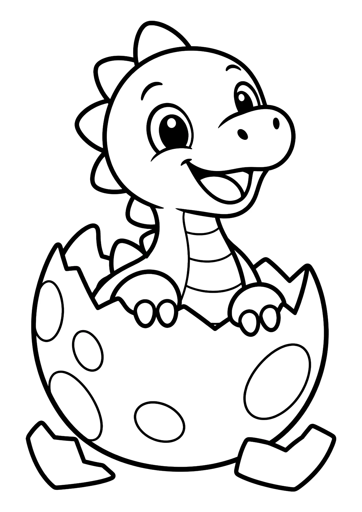 Ausmalbild: Lachendes Dino-Baby schaut aus einem aufgebrochenen gepunkteten Ei, Schalenstücke liegen daneben.