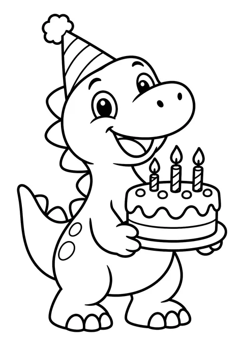 Ausmalbild: Lachender Dinosaurier mit Partyhut hält eine Geburtstagstorte mit drei brennenden Kerzen