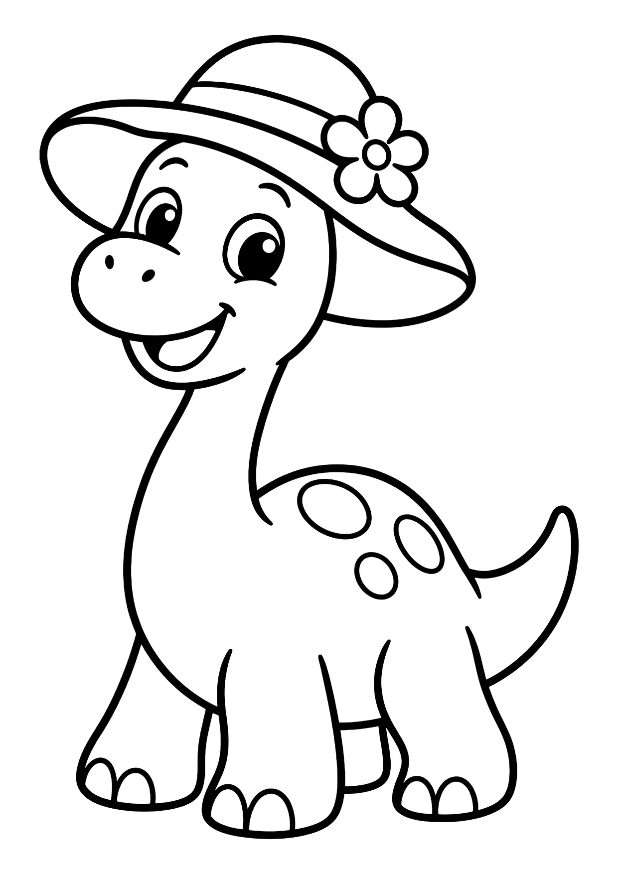 Ausmalbild: lächelnder Dinosaurier mit langem Hals, Punkten auf dem Rücken und Sonnenhut mit Blume