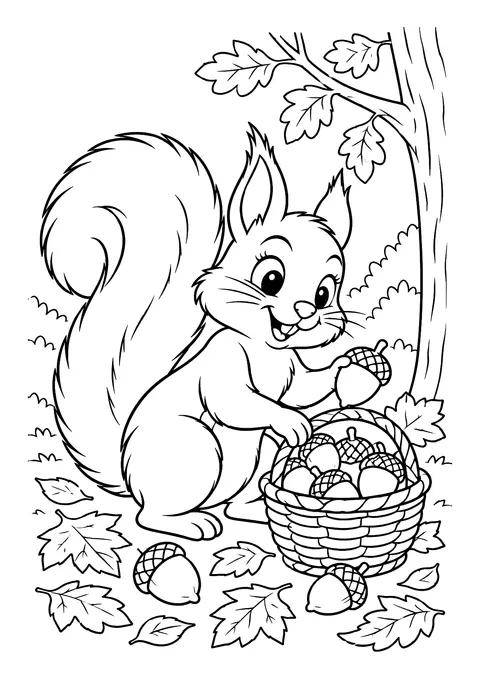 Ausmalbild: Eichhörnchen hält eine Eichel über einem Korb voller Nüsse, daneben Baum und Herbstblätter