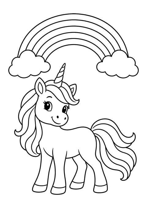 Ausmalbild: Lächelndes Einhorn mit langer Mähne und Schweif unter einem Regenbogen zwischen zwei Wolken