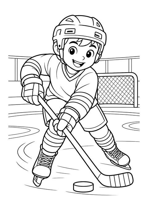 Ausmalbild: Eishockeyspieler mit Helm und Schläger schiebt einen Puck vor dem Tor über das Eis
