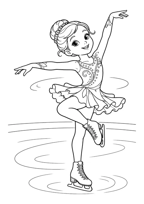 Ausmalbild: Eiskunstläuferin in Pirouette mit angewinkeltem Bein, Kleid mit Rüschenrock und Schlittschuhen auf dem Eis