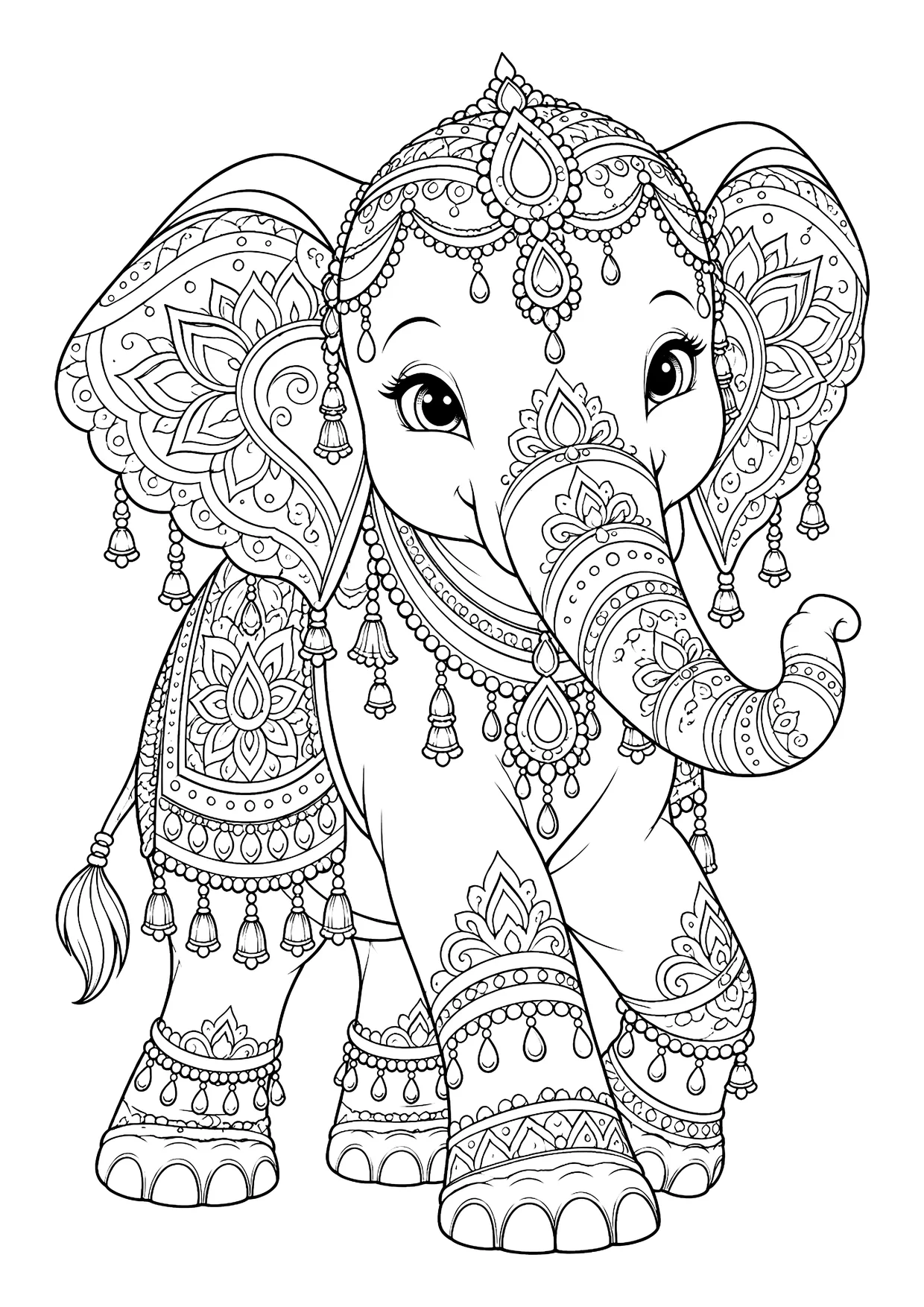 Ausmalbild: Elefant von vorne mit indischem Kopfschmuck, Perlenketten, Glöckchen und ornamentierter Satteldecke