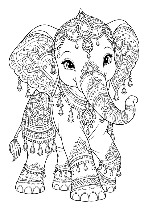 Ausmalbild: Elefant von vorne mit indischem Kopfschmuck, Perlenketten, Glöckchen und ornamentierter Satteldecke