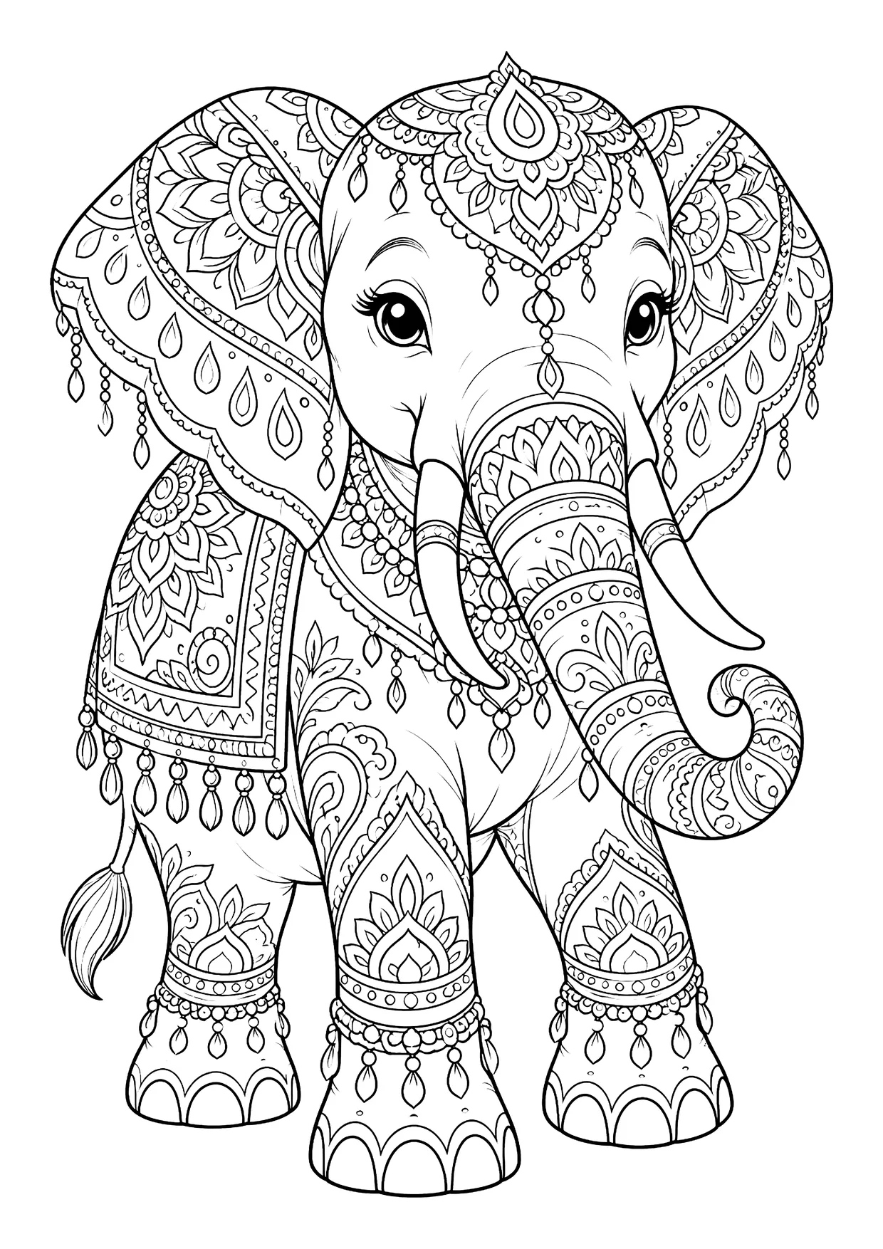 Ausmalbild: Elefant von vorn mit indischen Ornamenten, Satteldecke, Stirnschmuck und Mandala-Mustern auf Ohren und Beinen