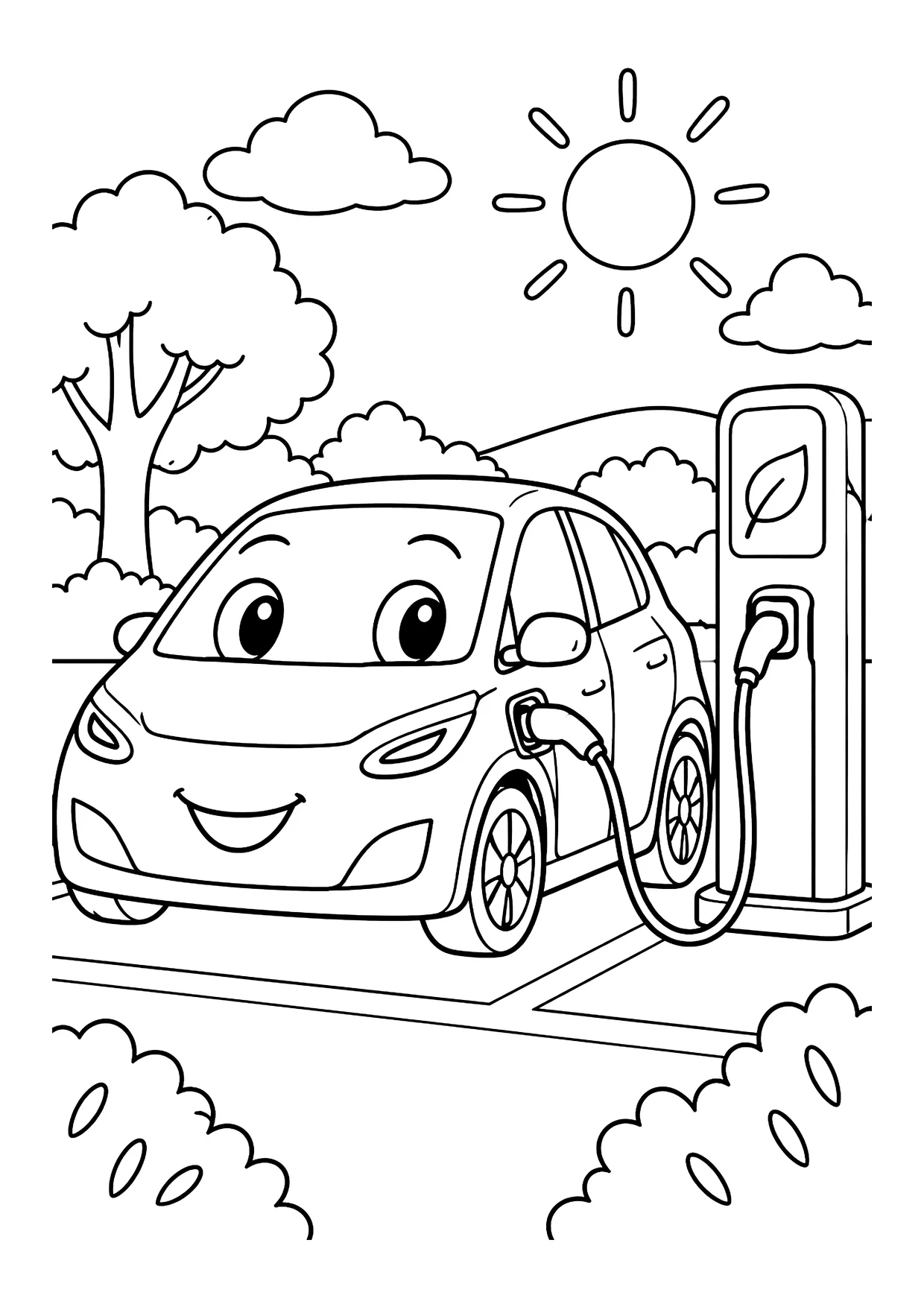 Ausmalbild: lachendes Elektroauto lädt an einer Ladesäule mit Blatt-Symbol, dahinter Baum, Hügel und Sonne