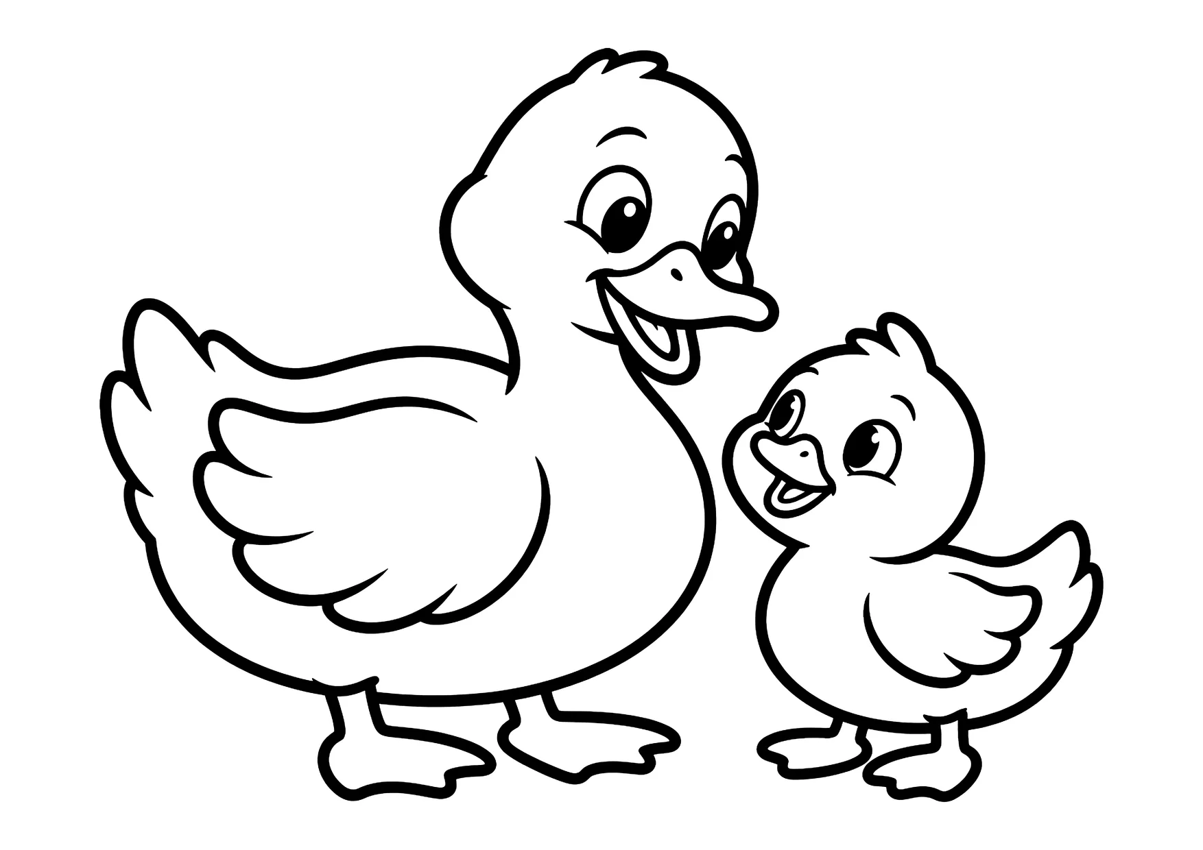 Ausmalbild: Große Ente und kleines Küken stehen nebeneinander und schauen sich an
