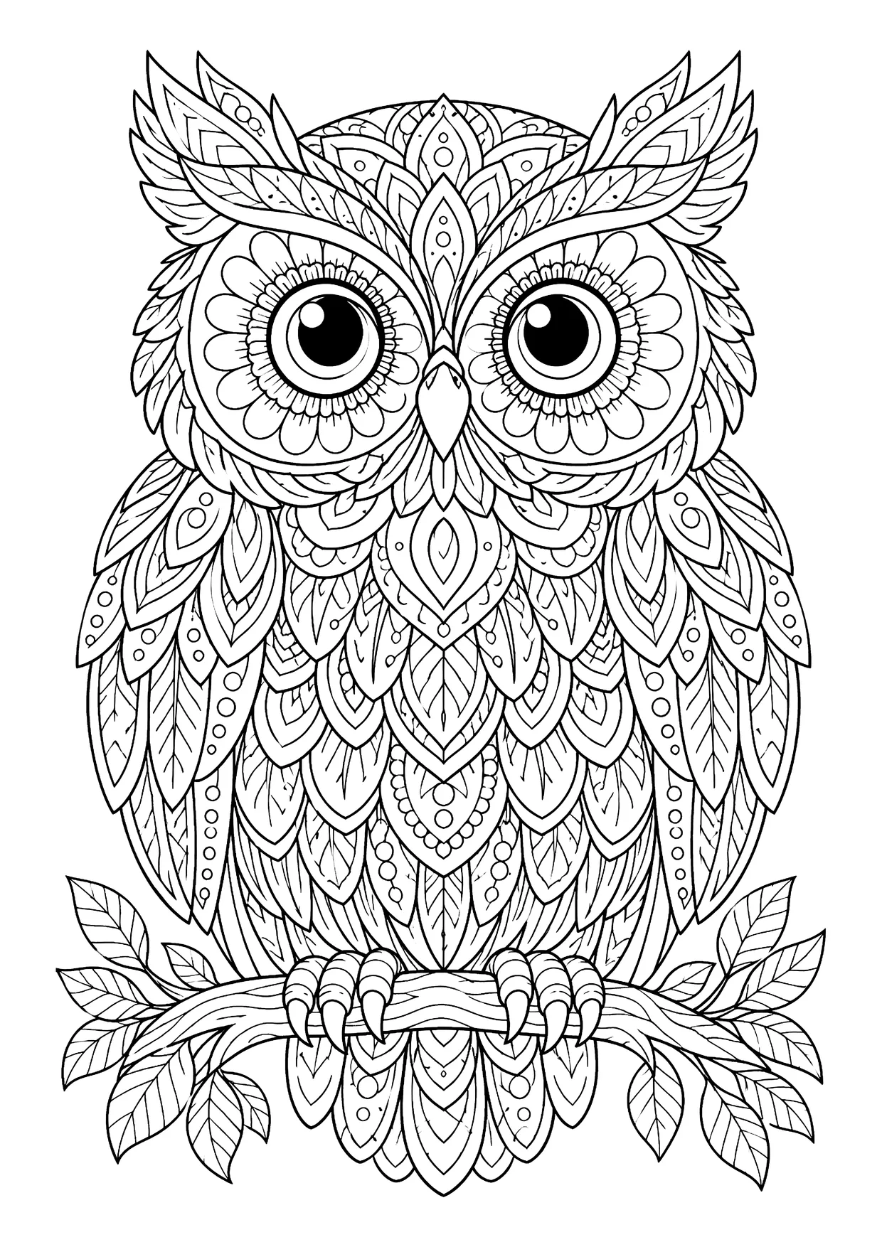 Ausmalbild: Eule mit gemustertem Federkleid sitzt auf einem belaubten Ast, Zendoodle-Muster