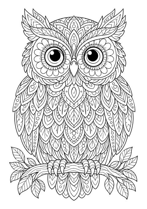 Ausmalbild: Eule mit gemustertem Federkleid sitzt auf einem belaubten Ast, Zendoodle-Muster