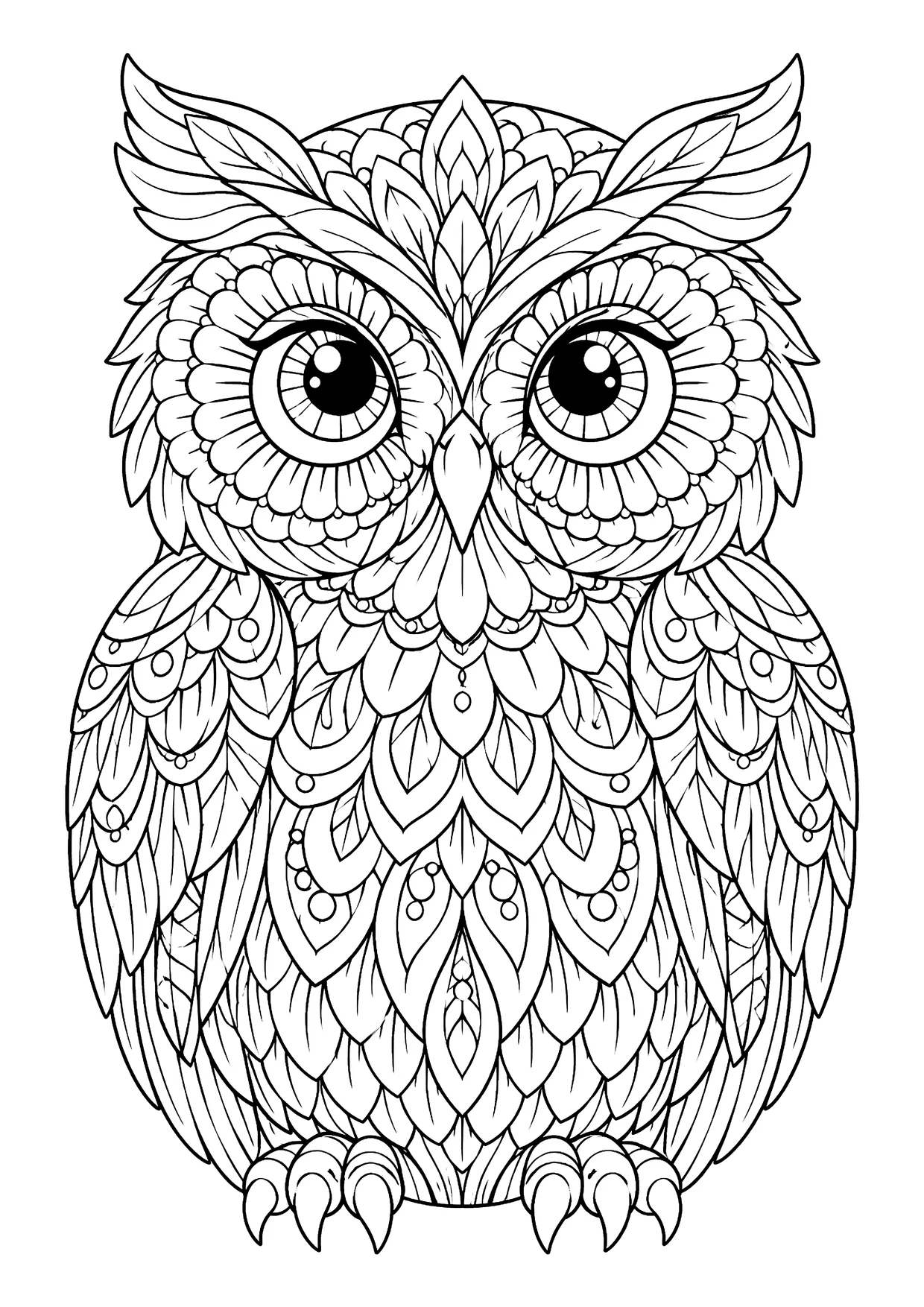 Ausmalbild: Eule von vorn mit großen Augen und Federn aus Blattformen, Punkten und Zentangle-Mustern