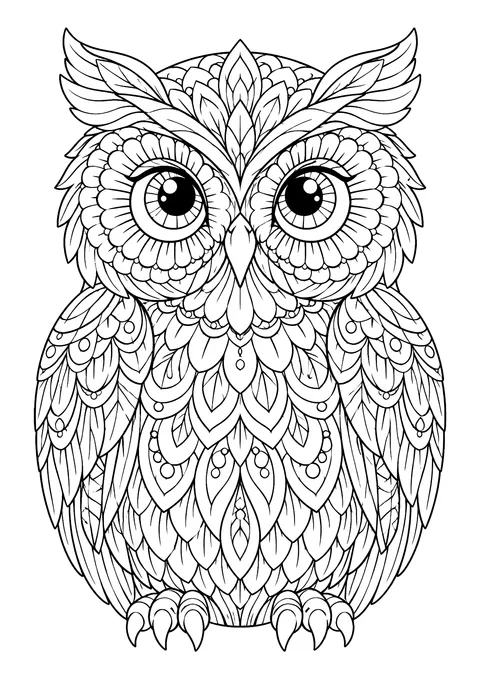 Ausmalbild: Eule von vorn mit großen Augen und Federn aus Blattformen, Punkten und Zentangle-Mustern