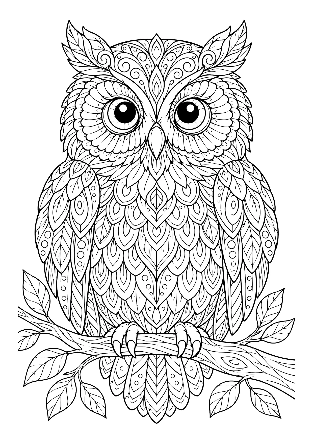 Ausmalbild: Eule mit gemusterten Federn im Zentangle-Stil sitzt auf einem Ast mit Blättern