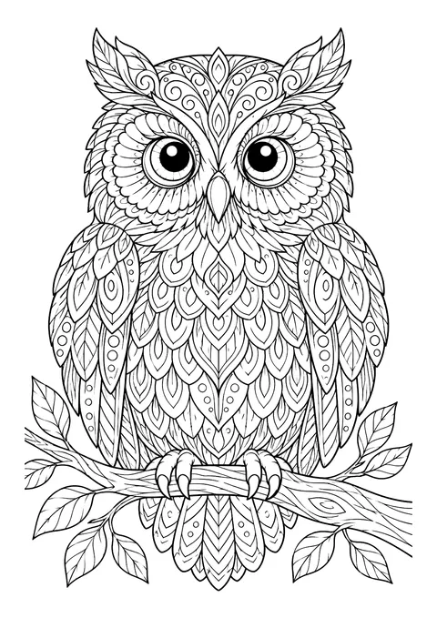 Ausmalbild: Eule mit gemusterten Federn im Zentangle-Stil sitzt auf einem Ast mit Blättern