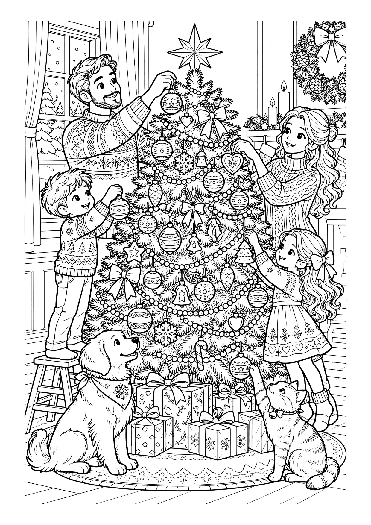 Ausmalbild: Familie mit zwei Kindern schmückt einen Weihnachtsbaum, Hund und Katze sitzen bei Geschenken darunter